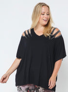 Black Top with Laser Cuts and Bling Shoulders - Curvy by Vocal Apparel