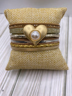Gold Multi Strand Bracelet with Heart and Pearl