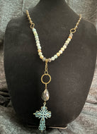 Cross Necklace with Half Beaded Metal Chain