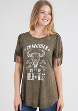 Load image into Gallery viewer, Mineral Wash Fringe Cowgirl Print Top - Women&#39;s
