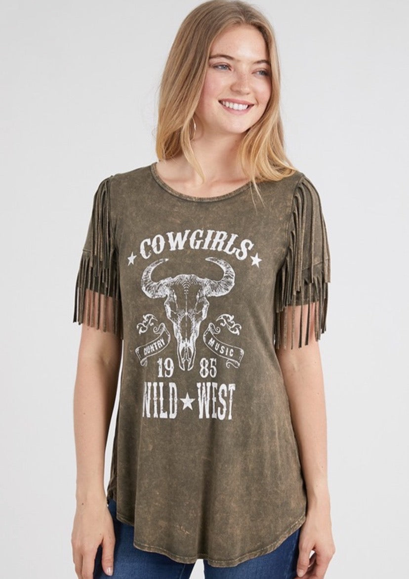 Mineral Wash Fringe Cowgirl Print Top - Women's