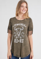 Mineral Wash Fringe Cowgirl Print Top - Women's