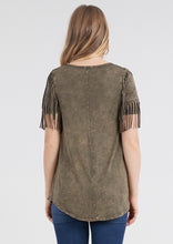 Load image into Gallery viewer, Mineral Wash Fringe Cowgirl Print Top - Women&#39;s
