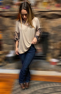 Mineral Washed Boho Top with Floral Sleeves - Women's