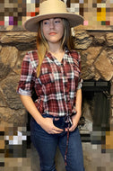 Burgundy Flannel Shirt with 3/4 Sleeve - Women's