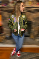Green Bomber Jacket with Patches - Women's