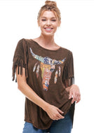 Mineral Washed License Plate Bull Skull Fringe Top