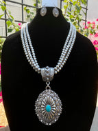 Western Concho Turquoise and Crystal Pendant Set with Earrings