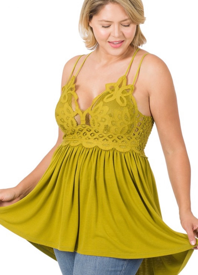 Crazy For You Ruffle and Lace Cami Top - Curvy