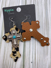 Load image into Gallery viewer, Leather Leopard Cross Earrings with Silver Cross
