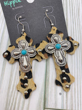Load image into Gallery viewer, Leather Leopard Cross Earrings with Silver Cross
