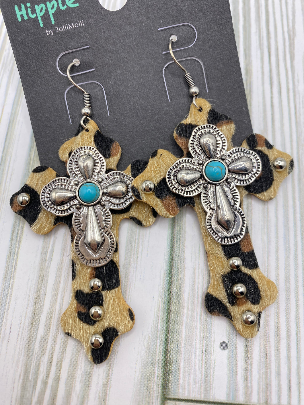 Leather Leopard Cross Earrings with Silver Cross