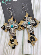 Leather Leopard Cross Earrings with Silver Cross