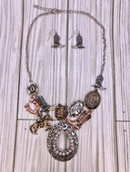 Western Charms Necklace Set with Rhinestone Horseshoe on Silver