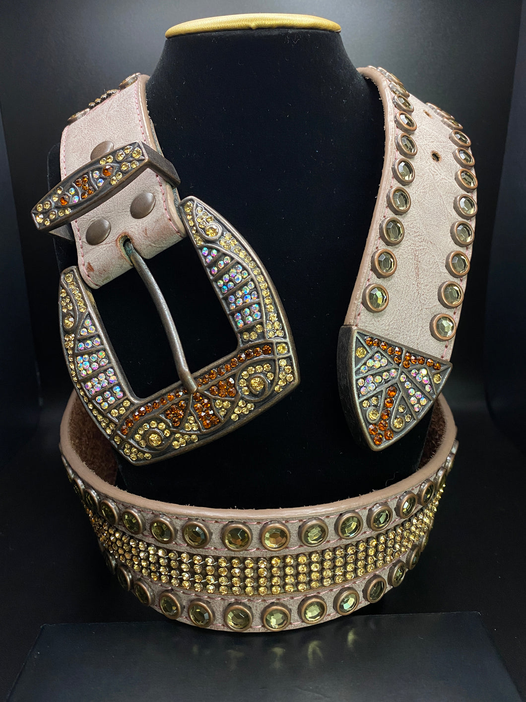 Citrine Color Rhinestone Studded Belt on Light Brown Leather