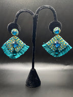 Boho Fringe Earrings with Teal Rhinestones
