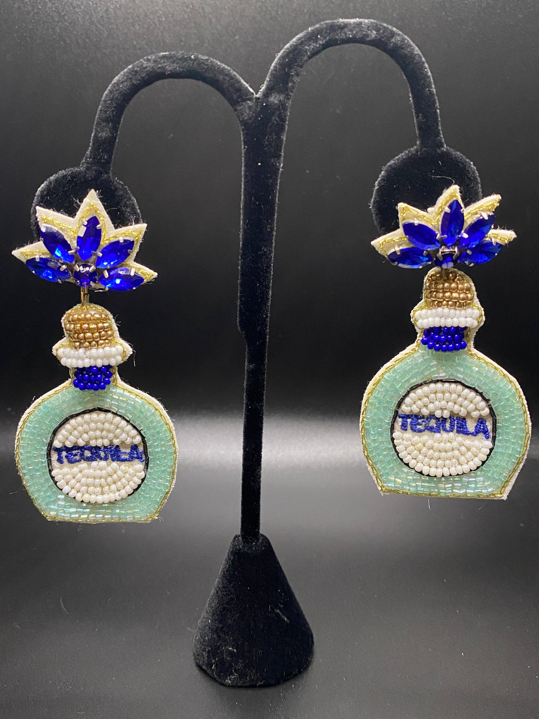 Tequila Bottle Bead and Blue Stone Earrings