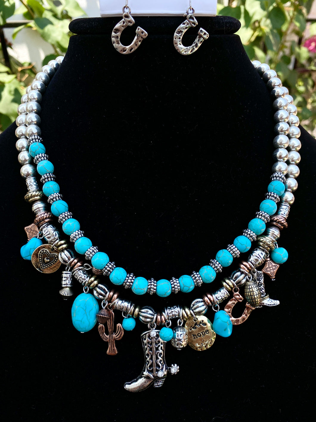 Western Boot and Horseshoe Earring Set With Turquoise and Charms
