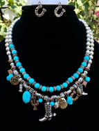 Western Boot and Horseshoe Earring Set With Turquoise and Charms